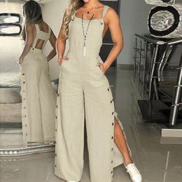 Women's Pants Summer Simple Sleeveless Knot Cotton Suit Temperament Side Buckle Split Loose Long Jumpsuit Pantalones De Mujer