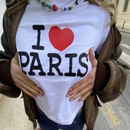 Women's T-Shirt I Love Paris Print Casual Hot Girl Exposed Navel All-match Baby Tee Summer Y2k Grunge Harajuku Goth Crop Tops T-shirt Streetwear T240129