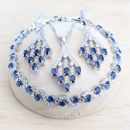 Necklace 925 Sterling Silver Women Jewelry Sets Fine Wedding Bridal Earrings Rings Blue Zircon Jewelry Bracelets Pendant Necklace Set