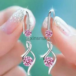 Stud Pink Blue White Zircon Love Heart Female Drop Earrings For Women Dainty Jewelry Trend Silver Color Crystal Stone Wedding Earring YQ240129