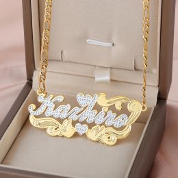 Necklaces Custom Two Name Tone Heart Nameplate Necklace Cuban Link Chain Personalised Stainless Steel Gold Name Necklace Jewellery For Women