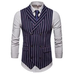#4832 Vertrical Striped Suits Vests Coat Men Double Breasted Office Sleeveless Jacket Slim Elegant Pockets 240119