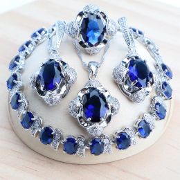 Necklace Blue Zircon Silver 925 Bridal Jewelry Sets Women Fine Costume Jewellery Wedding Earrings Rings Bracelets Pendant Necklace Set