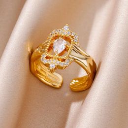 Cluster Rings Zircon Waterdrop For Women Stainless Steel Gold Plated Geometric Opening Ring Aesthetic Wedding Jewellery Accessories Gift
