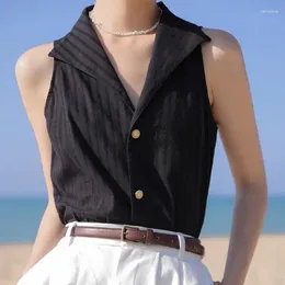 Women's Blouses 2024 Summer French Style Sleeveless Vest Tanks Women Shirt Turn-down Collar V-neck Chiffon Tops