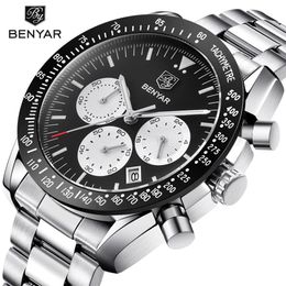 BENYAR Brand Men Sport Chronograph Watches All pointers work Waterproof Fashion Steel Stainless Quartz Watch drop black2786