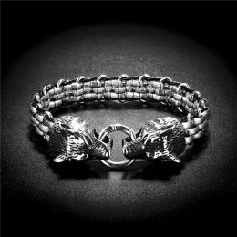 Bracelets High Quality Men Pure Stainless Steel Bracelet Double Wolf Head Dragon Head Bracelets Vintage Punk Style Titanium Steel Bracelet