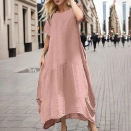 Casual Dresses Short Sleeve Pleated Loose Sundress Round Neck Solid Pocketed Long Bridesmaid Cocktail Party Dress Woman Clothing