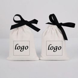 Jewellery 100pcs Cotton Bags Custom Jewellery Storage Packaging Ribbon Gift Pouch White Canvas Drawstring Display Wedding Favours Bag