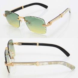 Luxury diamond cut lens Rimless Mens Sunglasses Large Square Designer Glasses 03770 Original Black and White Buffalo horn Sun Glasses Frames Size 60-21-145MM