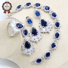Necklace Blue Sapphire 925 Silver Bridal Jewellery Sets Earring For Women Pendant Necklace Ring Bracelet Free Gift Box