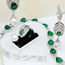 Necklace 925 Silver Bridal Jewellery Sets Green CZ White Pearls for Women Wedding Earrings/Pendant/Necklace/Ring/Bracelet Set