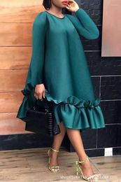 Casual Dresses Elegant Solid Colour Shirring Party Maxi Dress Women Round Neck 3/4 Sleeve Tight High Waist Loose Evening