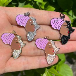 Rings 5pcs Cubic Zirconia Paved Africa Map Pendant Purple Turban African Black Woman Charms for Bracelets Necklace Jewelry Making