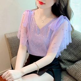 Women's Blouses Summer Women Tops Casual Clothing V-neck Chiffon Blouse Shirt Bowknot Flying Sleeve Sequin Top