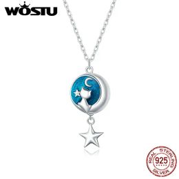 Necklaces WOSTU 2020 Arrival Moon & Cat Necklace 925 Sterling Silver Long Chain Necklace for Women S925 Fine Jewelry Gift FIN422