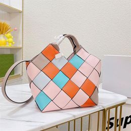 Women Shoudler Bag Handbag Colour Matching Woven Vegetable Basket Large Capacity Package Fashion Genuine Leather Crochet Print Patt276b