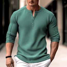 Men's Polos Spring Autumn Button Waffle Polo Shirt Long Sleeve Casual Oversized T Men Clothing Solid Colour Tees Tops