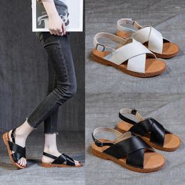 Sandals Women's Cowhide Soft Flat Roman Shoes Casual Fashion Open Toe Cross Strap Simple 2024 Summer