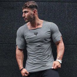 Men's T-Shirts Cotton Square Collar Mens Running T-Shirt Gym Bodybuilding Fitness Training Clothing Retro Hole Slim Fit Breathable Summer Shirt