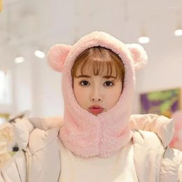 Berets Women Plus Cashmere Caps Winter Cute Bear Ears Warm Hat Windproof Neck Scarf Cap For Student Fashion Accessories Korean Style