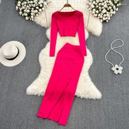 Work Dresses Fashion Suit V-neck Stretch Tight Short Knit Top High Waist Slit Skirt Two-piece