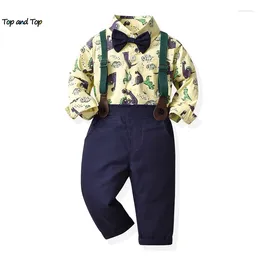 Clothing Sets Top And Spring Autumn Kids Boys Gentleman Long Sleeve Bowtie Cartoon Shirts Suspenders Pants Casual Outfit