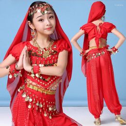 Stage Wear Kids Bollywood India Belly Dance Costumes Set Oriental Bellydance Girls Dancer Top Bandage Dresses Hip Scarf Coin Clothes