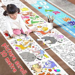 10m Long Kids Graffiti Picture Book Toy Scroll Canvas Drawing Sticker rcolor Crayon Coloring Set Toys 240124