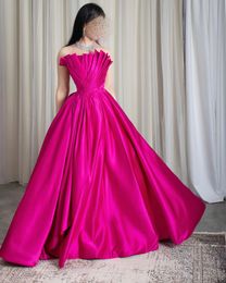 Saudi Arabia Fuchsia Satin Dubai Evening Dress 2024 Scalloped Long Pleats Women A-line Prom Formal Gowns Vestidos De Feast Robe De Soiree