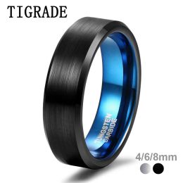 Bands Tigrade Men Tungsten Ring 4/6/8mm Black Man Rings Women Finger Band Blue Inside Cool Ring Classic Wedding Band Engagement