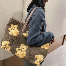Women Lamb Like Fabrics Shoulder Tote Bag Fluffy Fur Bear Handbags Shopping Bags Q1QA174F