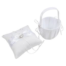2 Heart Rhinestones Ivory Satin Flower Girl Basket and Ring Pillow Set bleach339h