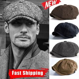 Men Berets Retro y Blinders Wool Blend Herringbone Tweed sboy Octagonal Hat Casual Flat Cap Father Hats 240126