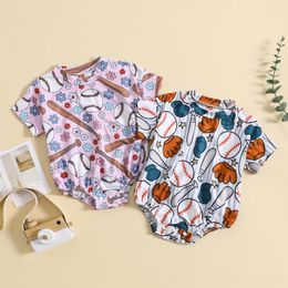 Rompers 2024-04-24 Lioraitiin 0-24M Baby Girls Boys Summer Romper Short Sleeve Baseball Hat Gloves/Baseball Floral Print Playsuit