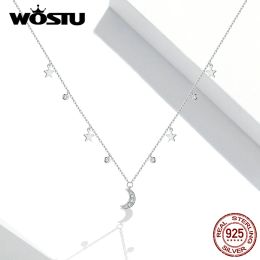 Necklaces WOSTU Authentic 925 Sterling Silver White Moon & Star Pendant Necklace for Women Chain Link Necklaces Silver 925 Jewelry DXN420