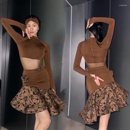 Stage Wear Brown Latin Dance Dress Women Long Sleeves High Collar Mesh Tops Rumba Skirt Club Performance Clothes Adult DNV19245