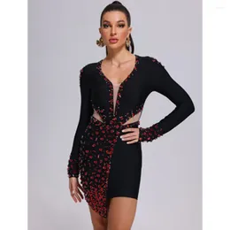 Casual Dresses Women Long Sleeve Party Bandage Dress Deep V Neck Cut Out Red Crystal Bodycon Mini Celebrity Evening Club Wedding Guest