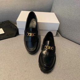 Designers Loafers Women Platform Shoes Black Golden Chain Fringed Loafer Genuine Calfskin Leather Slip on Flats Dress Shoe Chunky Sneakers