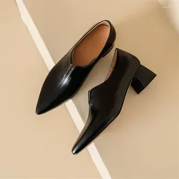 Dress Shoes Spring Split Leather Women Pointed Toe Pumps For Black Ladies Deep Mouth Loafers Zapatos Mujer