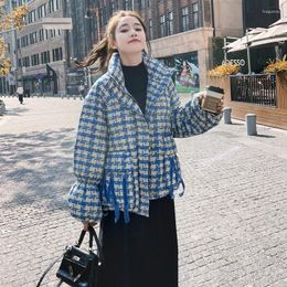 Women's Trench Coats Blue Check Cotton Padded Jacket For Women Winter 2024 Short Style Loose Thicken Korean Bread Coat