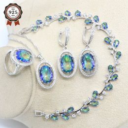 Necklace Classic 925 Silver Rainbow Stones Wedding Jewelry Sets For Women Necklace Ring Pendant Bracelets Gift Box