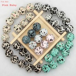 Necklace 50pcs 15mm Silicone Beads Leopard Baby Teether Teething Beads Tie Dye Print DIY Jewellery BPA Free Chewable Pacifier Chain Making
