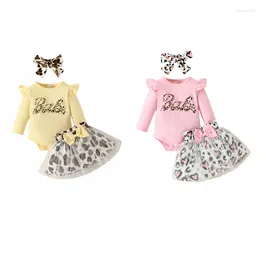 Clothing Sets Born Baby Girls Outfit Suits 0-18 Months Long Sleeve Leopard Print Letters Bodysuit Bow Mesh Dress Headband 3 Pieces Set