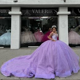 Lavender Shiny Princess Quinceanera Dresses Off Shoulder Applique Beads Crystal Ball Gown Vestido De 15 VX Anos Prom Party Wear 2024