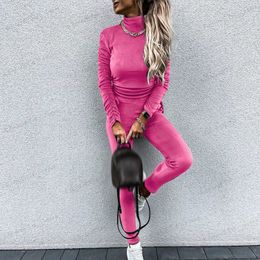 Women's Two Piece Pants Autumn Winter Solid Color Turtleneck Top + Leggings Set Women Silver Fleece Slim Two-Piece Set All-match Pleated Sports Suit T240129