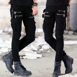 Motorcycle Denim Pants Men's Black Jeans Fashion Stretch Zipper Skinny Jeans Pleated Moto Biker Men Slim Pants Selling 240124
