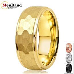 Bands MenBand 6MM 8MM Men Women Gold Color Tungsten Carbide Wedding Ring Stepped Edges Multifaced Hammered Brushed Finish Comfort Fit
