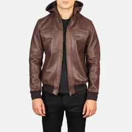 Men's Jackets Brown Sheepskin Leather Pilot Cycling Jacket With Detachable Hood Fashionable Trend