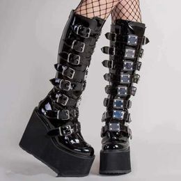 Boots Punk Women Boots Ladies Cosplay High Boots Comfort Long Tube Leather Boots Black Platform High Wedges Women Shoes Gothic StyleL2401